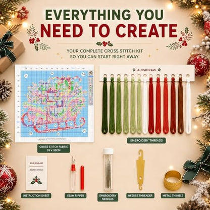 AuraDraw Christmas Stamped Cross Stitch Kits - Christmas Sled Counted Cross Stitch Kits for Beginners, Cross-Stitch Patterns Dimensions Needlecrafts Embroidery Kits Arts and Crafts - Image 3