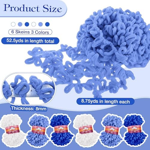 Threlaco 6 Skeins Loops Yarn Bulk Finger Loop Yarn,White, Blue, Dark Blue - Image 2