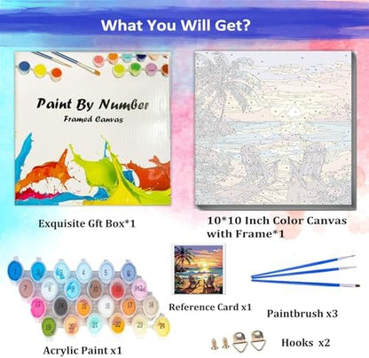 JUJUHOOD Sunset Beach Scene Framed Paint by Numbers Kit for Adults Beginner & Kids Ages 8-12, Seaside Paint by Number Without Easel, Simple Paint by Numbers for Gift Home Wall Decor (10x10Inch) - Image 4
