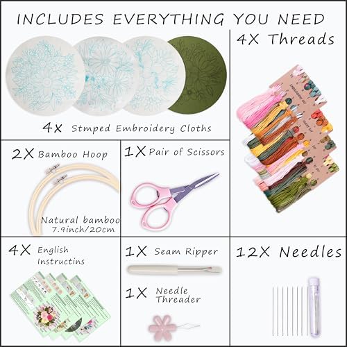 Bonroy 4 Sets Embroidery Set for Beginners, Art Craft, Easy Sewing Embroidery Kit Includes Embroidered Clothes with Patterns, Embroidery Hoops, Instruction Manual, Color Stitch Set (3) - Image 2