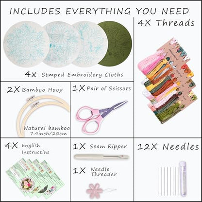 Bonroy 4 Sets Embroidery Set for Beginners, Art Craft, Easy Sewing Embroidery Kit Includes Embroidered Clothes with Patterns, Embroidery Hoops, Instruction Manual, Color Stitch Set (3) - Image 2