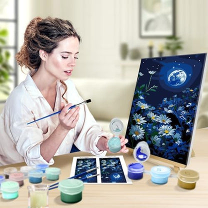 JOOZ Paint by Numbers Kit for Adults with Frame, Moon Paint by Number with Easel, DIY Starry Sky Flowers Oil Painting by Numbers, Easy Adult Paint by Number Kits on Canvas for Wall Decor 8x12 Inch - Image 4
