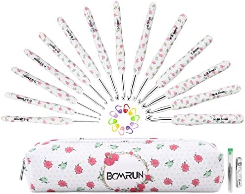 BCMRUN Crochet Gifts, 14pcs Flower Pattern 2.25mm-10mm Soft Grip Metal Crochet Hooks for Crocheting & Knitting, Weave Yarn Craft Kits (White) by BCMRUN