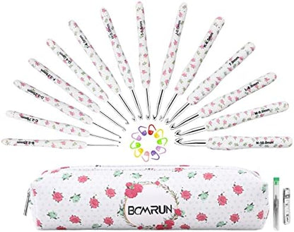 BCMRUN Crochet Gifts, 14pcs Flower Pattern 2.25mm-10mm Soft Grip Metal Crochet Hooks for Crocheting & Knitting, Weave Yarn Craft Kits (White) by BCMRUN