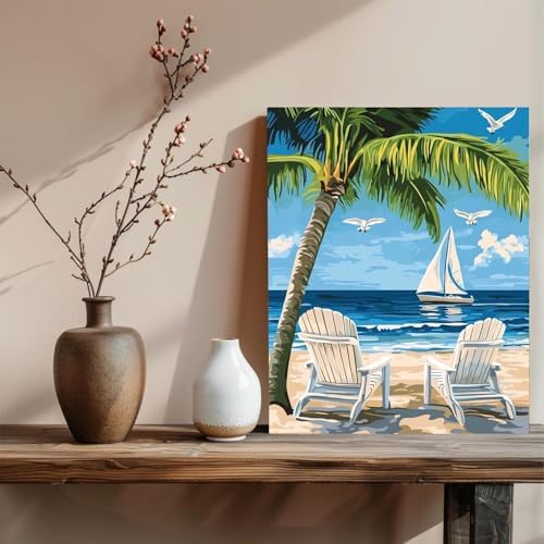xcemhil Beach Paint by Numbers Kit for Adults, Paint by Number Palm Tree, Seaside Paint by Numbers Kit for Adults Beginner for Gift and Home Wall Decor 16x20 Inch - Image 3