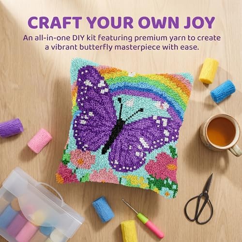 DIY Latch Hook Kit,17''x17'' Butterfly Rainbow Throw Pillow Case Craft Set Handmade Gift for Adults Beginners,Complete Pre-Printed Latch Hook Rug Kits Cross Stitch Pillow Cover for Home Sofa Decor - Image 2