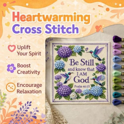 Hummingbird Garden Faith Cross Stitch Kit, Psalm 46:10 Be Still and Know Christian Embroidery Set | Premium Wool Yarn DIY Hand Stitch Craft for Adults Beginners, Religious Home Wall Decor Gift - Image 2