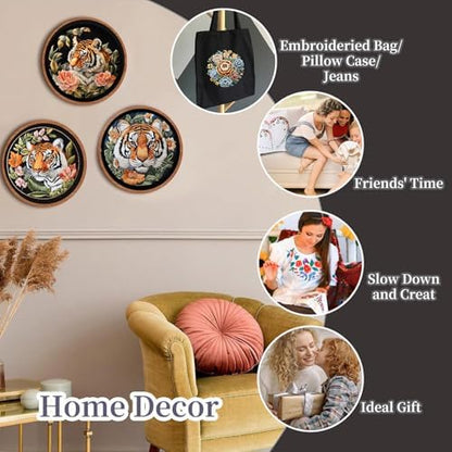 FONNUY Tiger Floral Embroidery Kit, Cross Stitch Kits for Beginners, Handmade Crafts with Printed Patterns for Beginner Adults, Easy to Follow Color Thread Needlework, 8'' Hoop - Image 4