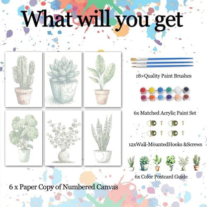 6 Pack Plant Paint by Numbers Kit for Adults Beginners 8x12 Inch, Potted Green Plant Paint by Number Kits on Canvas Without Frame, Easy DIY Acrylic Painting by Numbers for Home Wall Decor Gift - Image 4