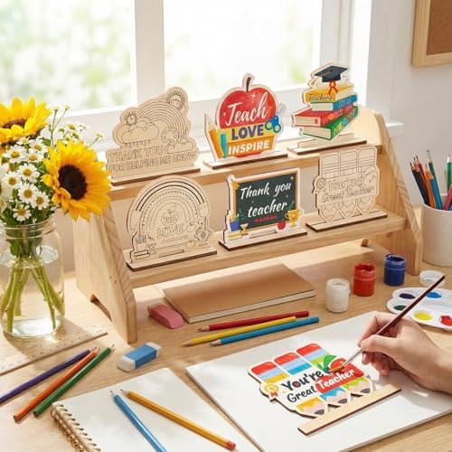 Yuntau 24 Pcs Color Your Own Teacher Appreciation Crafts Bulk Back to School Gifts First Day of School DIY Wooden Desktop Signs to Paint Classroom Crafts Kit for Thank You Teacher - Image 4