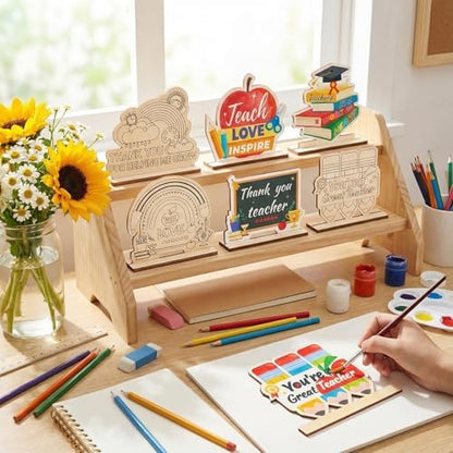 Yuntau 24 Pcs Color Your Own Teacher Appreciation Crafts Bulk Back to School Gifts First Day of School DIY Wooden Desktop Signs to Paint Classroom Crafts Kit for Thank You Teacher - Image 4