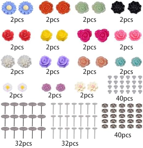 SUNNYCLUE 1 Box DIY 16 Pairs Flower Cabochons Resin Rose Flatbacks Valentine's Day Earrings Making Kit Rose Beads Love Valentine Flower 3D Flat Backs for Jewelry Making Kits Stud Earring Findings - Image 2