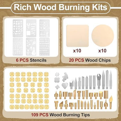 Lothee 136 Pcs Wood Burning Kit for Adults Beginners, Adjustable Temperature Pyrography Pen Set with Alphabet Number Tips, Stencils & Wood Chips, DIY Wooden Burner Tool for Embossing Carving - Image 2