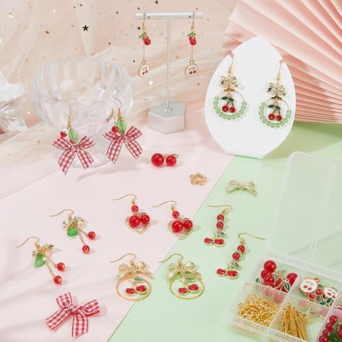 SUNNYCLUE 1 Box DIY 10 Pairs Earring Making Kits Cherry Charms Cute Earrings Sets Cherries Charm Polyester Ribbon Bowknot Acrylic Spacer Beads for Jewelry Making Kits Women Adults Crafts Supplies - Image 4