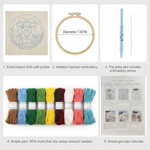 ZMHKJZDQ Punch Needle Kits for Beginners,DIY Punch Needle Embroidery with Fabric, Hoops, Yarns and Sewing Needles for Adults Children Festival Gift and Home Decor, 20x20cm (Bow Highland Cow) - Image 3