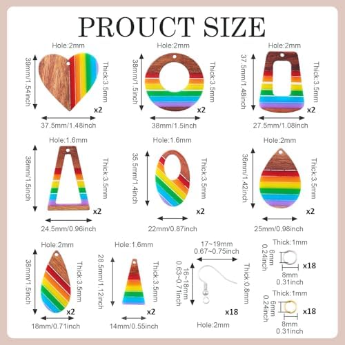 Elecrelive 8 Pairs Wood Earring Kit Rainbow Resin Wood Charms Stripe Wood Earring Pendants Heart Teardrop Triangle Vintage Dangle Earring Charms with Earring Hooks for Jewelry Craft Making - Image 5