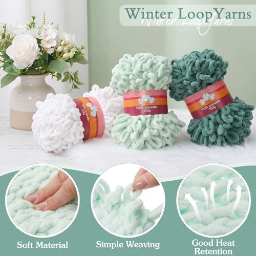 Threlaco 6 Skeins Loop Yarn for Finger Knitting, 600g, White, Green - Image 3