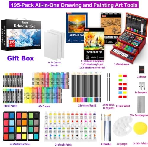iBayam Art Supplies, 195-Pack Deluxe Drawing Painting Kit, 3 Sketchbook Set - Image 3