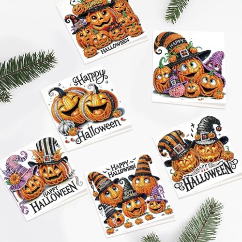 jinglinhh 6pcs Diamond Art Painting Happy Halloween Pumpkin Witch Hat Greeting Cards with Envelopes, DIY Card Making Kits for Adults, Diamond Art Postcards Holiday Cards Craft Gifts - Image 6