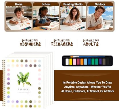 Watercolor Workbook for Adults, Beginner Friendly Watercolor Painting Kit Tropical Water Coloring Book, Nature-Themed Practice Art Gift Water Color Paint Book with Palette and Brush - Image 2