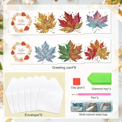 6Pcs Thanksgiving Greeting Card DIY Diamond Art Painting Greeting Cards Special Shaped Diamond Autumn Blessing Folding Card Kit Arts Crafts for Birthday Festival-Maple Leaf - Image 5