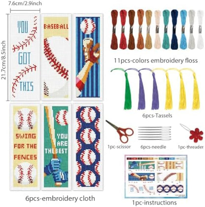 INFUNLY 6 Pcs Baseball Cross Stitch Bookmark Kit with Tassels, Stamped Pre-Printed Embroidery for Adult Beginners, Tools with Floss Scissors Needles Instructions, DIY Gift for Book Lovers - Image 2