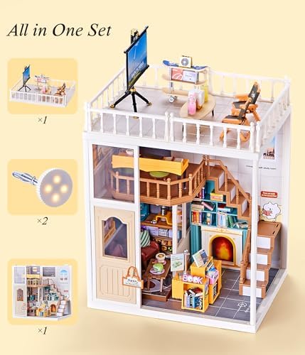 2-Story Loft Book Cafe & Study Room Kit, DIY Miniature House for Adults with Reading Area Coffee Bar Study Desk Projector Balcony, Collectible Plastic Library Model, Home Decor Gift for Women - Image 4