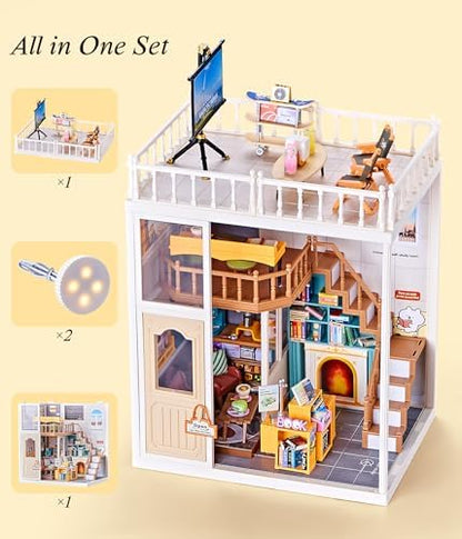 2-Story Loft Book Cafe & Study Room Kit, DIY Miniature House for Adults with Reading Area Coffee Bar Study Desk Projector Balcony, Collectible Plastic Library Model, Home Decor Gift for Women - Image 4