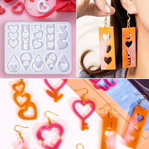 20 Pairs Valentine's Day Resin Earring Mold Love Heart Silicone Resin Earring Molds Casting Epoxy Earring Molds Silicone Earring Mold with 200 Earring Hook Kit for DIY Crafts Jewelry Making Keychains - Image 3