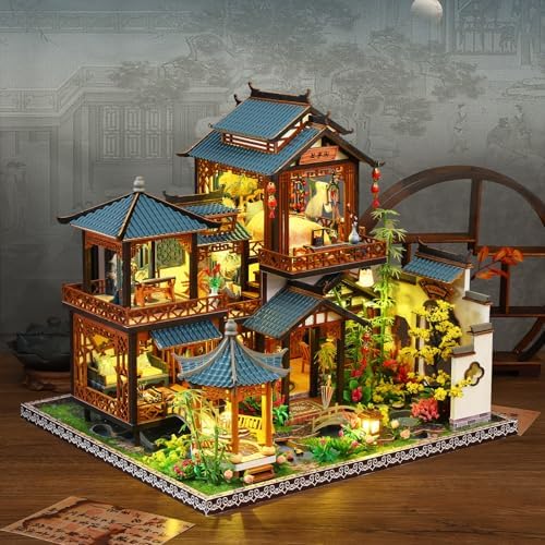 Plustopoy DIY Miniature House Kit: Villa Tiny House Kit with LED Light - DIY Wooden Dollhouse Miniature Kit for Adults Teen, Wooden Crafts Vintage Courtyard Doll House Kit, Great Handmade Crafts Gift - Image 5
