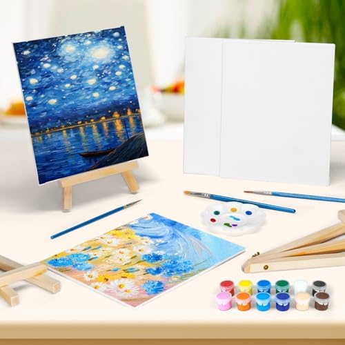 2 Pack 8 * 10In Canvas Boards for Painting, Art Canvas for Drawing with 4 Brushes & 2Paint Trays & 4 Acrylic Paint, Mini Painting Canvas with Easel Set, Painting Kits for Adults Party - Image 4
