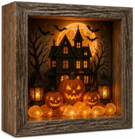DIY Halloween Shadow Box Night Light Kit, 8.5 Inch Wooden Frame LED Craft Set with Luminous Stones & Acrylic Panels, Create Your Own Spooky Ghost & Pumpkin Scene, Fall Autumn Tabletop Home Decor by Unknown