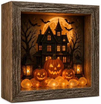 DIY Halloween Shadow Box Night Light Kit, 8.5 Inch Wooden Frame LED Craft Set with Luminous Stones & Acrylic Panels, Create Your Own Spooky Ghost & Pumpkin Scene, Fall Autumn Tabletop Home Decor by Unknown