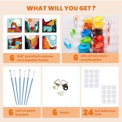 Bowetile 6 Pack Framed Paint by Numbers Kit for Adults Beginner, Landscape Adults' Paint-by-Number Kits on Canvas, Easy Acrylic Number Painting Kits for Home Decor Gifts, 8x8in - Image 6