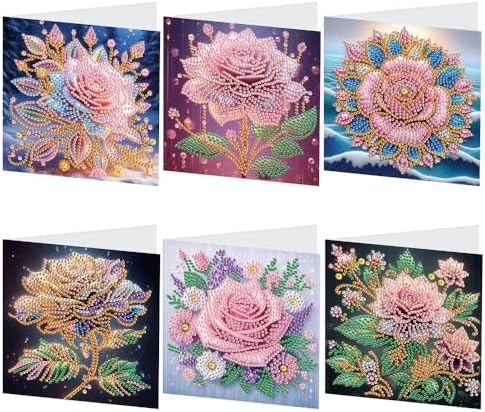 LazyFold 6Pcs DIY Diamond Art Painting Greeting Cards with Envelopes, Pink Rose All Occasion Note Card Kit for Women, Handmade Thank You Birthday Friendship Cards Gift by LazyFold