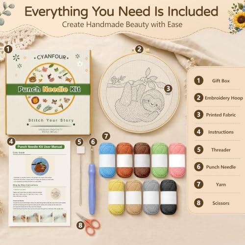 CYANFOUR Punch Needle Kit for Beginners, Sloth Punch Needle Kits Adults, Craft Kits for Adults with 2 Pre-Printed Fabrics, Embroidery Hoop, Threads, DIY Gift and Home Decor 20 * 20cm - Image 2