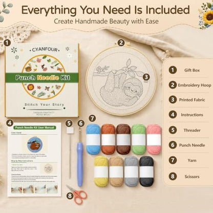 CYANFOUR Punch Needle Kit for Beginners, Sloth Punch Needle Kits Adults, Craft Kits for Adults with 2 Pre-Printed Fabrics, Embroidery Hoop, Threads, DIY Gift and Home Decor 20 * 20cm - Image 2