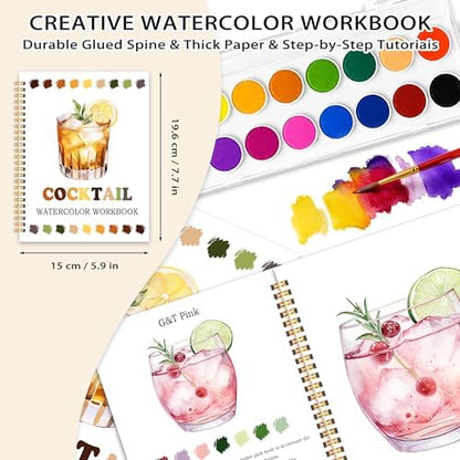 Easy Cocktail Watercolor Workbook for Beginners, Water Coloring Book, 18 Colors Watercolors Paint Set, 12 Patterns Watercolor Kit for Beginners, Creative Art Gift for Adults Women Teen - Image 2