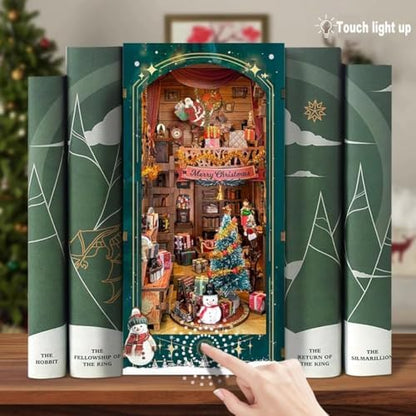 DIY Dollhouse Kit with Dust Cover, DIY Book Nook Kit Christmas Decor Booknook 3D Wooden Puzzle Nook Book Doll House with LED Light - Image 5