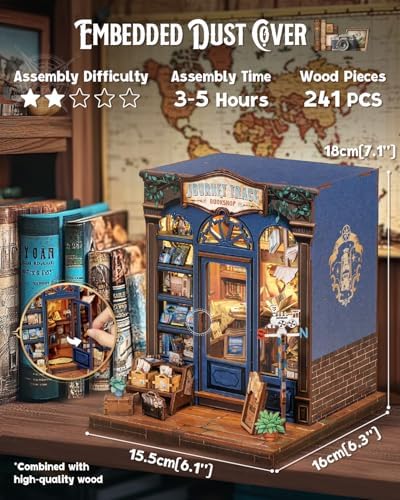 Cutefun Book Nook Kit - DIY Miniature Dollhouse Booknook Kit for Adults and Teens, 3D Wooden Puzzle Bookshelf Insert Decor with LED Light, Gifts for Book Lovers and Beginners (Journey Trace Bookshop) - Image 3