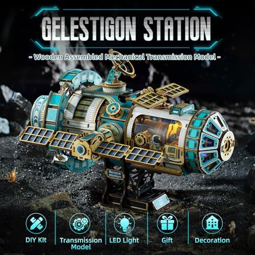 3D Wooden Puzzles International Space Station Model - Collectible Display Model with Interlocking Design, Motorized Solar Panels, Radar & Thrusters, LED Light Effects(Celestigon Station) - Image 2