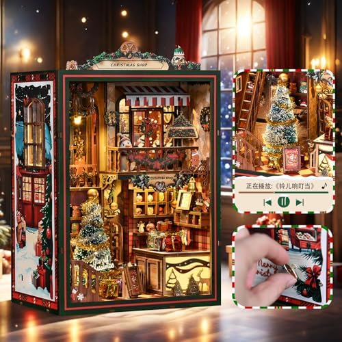 DIY Christmas Store Book Nook Kit, Miniature House with LED Light, 264pcs Wooden 3D Puzzles for Adults Teens, Bookshelf Decor Scale Model, Cultural Handmade Gift for Christmas & Book Lovers - Image 4
