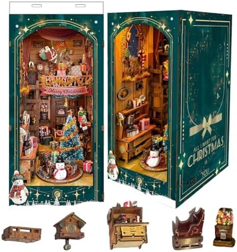 DIY Dollhouse Kit with Dust Cover, DIY Book Nook Kit Christmas Decor Booknook 3D Wooden Puzzle Nook Book Doll House with LED Light by TOPBSFARNY