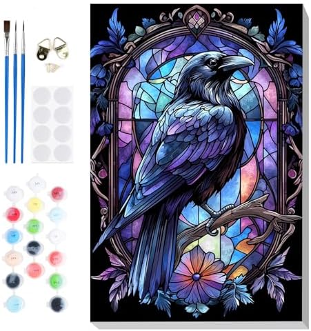 Bowetile Raven Stained Glass Framed Paint by Numbers for Adults, Gothic Crow Adults' Paint-by-Number Kits on Canvas, Acrylic Number Painting Kits Halloween Gifts for Home Decor, 8x12in by BOWETILE
