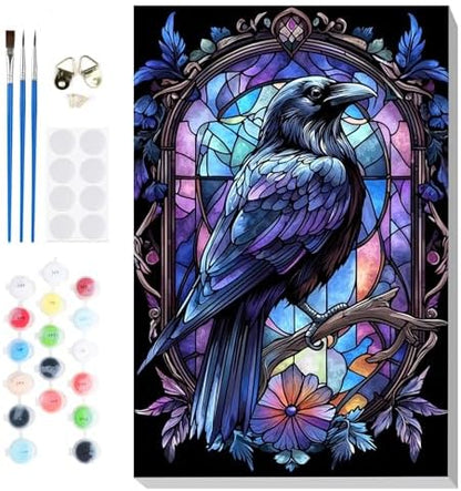 Bowetile Raven Stained Glass Framed Paint by Numbers for Adults, Gothic Crow Adults' Paint-by-Number Kits on Canvas, Acrylic Number Painting Kits Halloween Gifts for Home Decor, 8x12in by BOWETILE