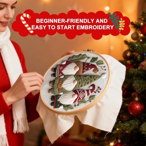 Santune Christmas Embroidery kit,Fall Needlepoint Cross Stitch Kits for Beginners Adult,Needle Point Sets,4 Embroidery,2 Hoops,Christmas Ornaments - Image 2