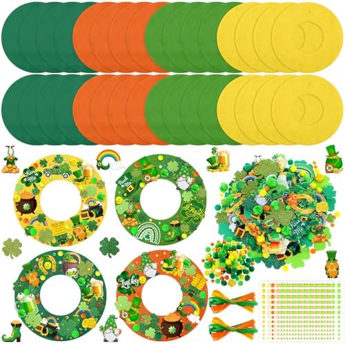 472 Pcs St. Patrick's Day Craft Kits Irish DIY Wreath Craft Kit St. Patrick's Day Wreath Arts Decorations with Lucky Shamrocks Leprechauns Gnome Stickers for Irish Indoor Outdoor Home Party Favors by Wavwavw