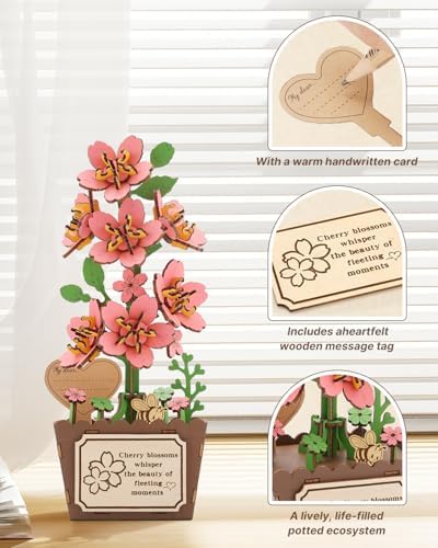 KAAYEE 3D Puzzles for Adults Cherry Blossom Potted, 119 Pcs Wooden Puzzle DIY Handcraft Kit, Romantic Pink Flower Home Office Decor, Gift for Lovers Couples on Anniversary Birthday Valentine's Day​ - Image 4