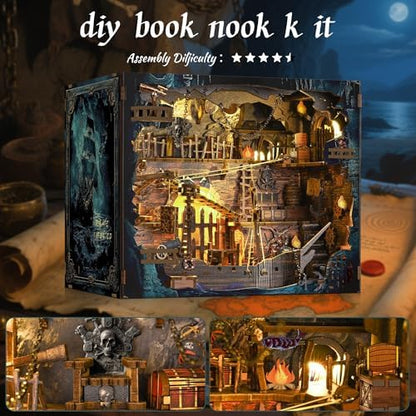 Book Nook Kit - DIY 3D Wooden Puzzle Miniature House with LED Lights - Creative Crafts for Adults - Bookshelf Insert Decor - Educational Gift for Family & Friends（Pirate Bay） - Image 2