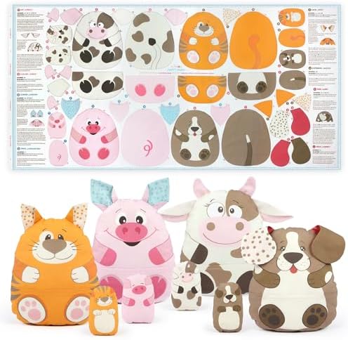 kullaloo Cut & Sew Fabric Panel – Farm Animal Sewing Kit for Beginners – DIY Craft Kit for Girls & Boys with Cow, Pig, Dog & Cat (Happy Farm) by kullaloo